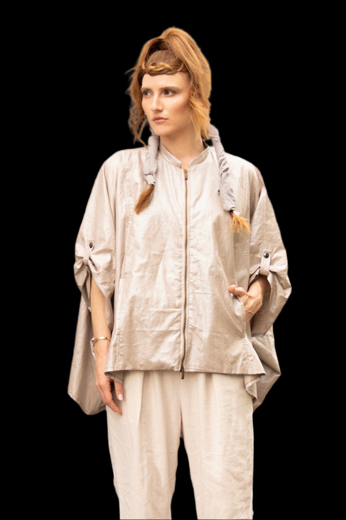 a pale tint of off-white with a shine cardigan