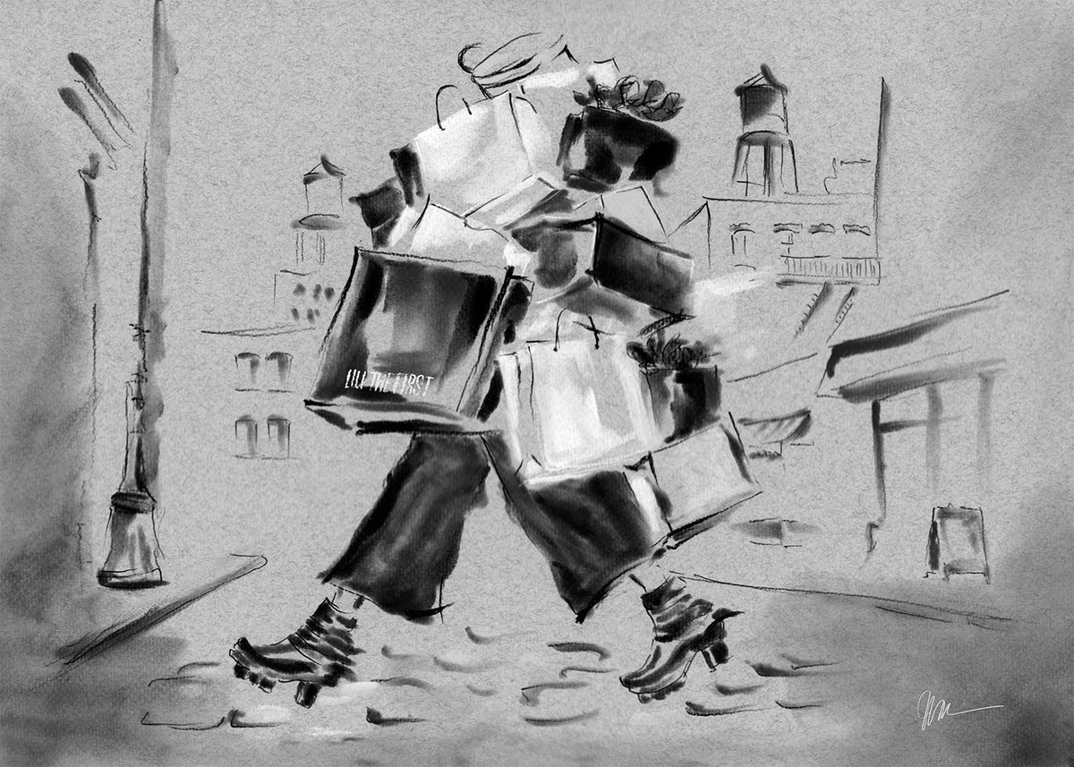 Hand-drawn illustration of a shopper carrying bags for LiLi The First’s Best Boutiques in the World guide