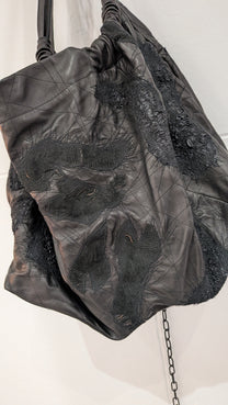 Sandrine Philippe couture leather shopper bag hand-made re-embroidered details - Deconstructed Avant-Garde French Design