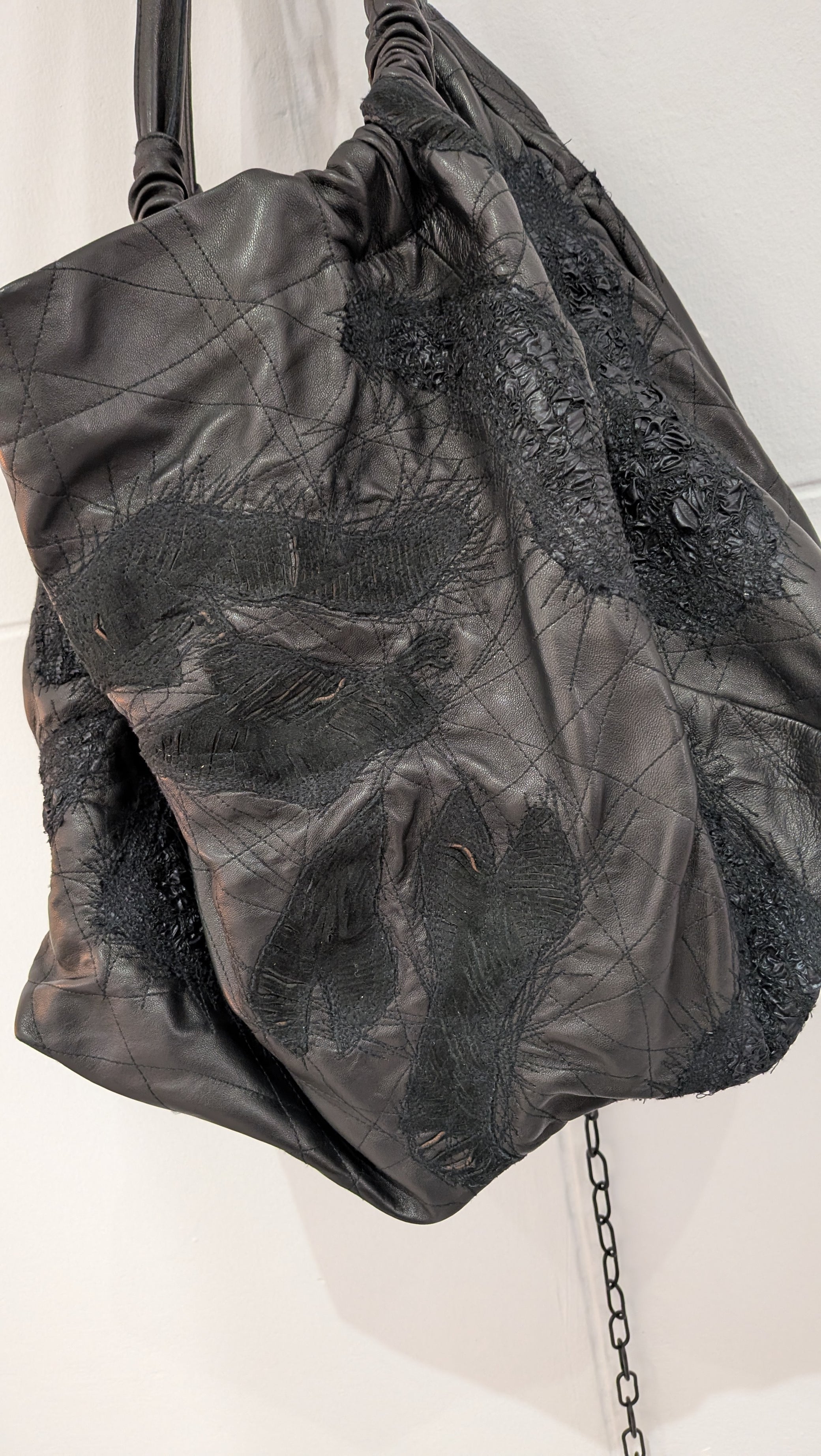 Sandrine Philippe couture leather shopper bag hand-made re-embroidered details - Deconstructed Avant-Garde French Design