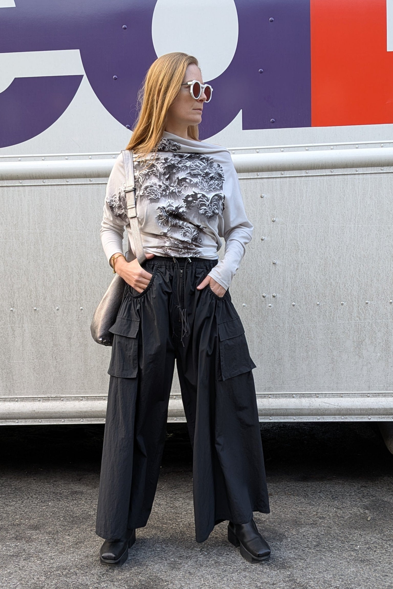 Asparagus Korea - Pants Trousers - wide leg elastic waist Nylon - Black