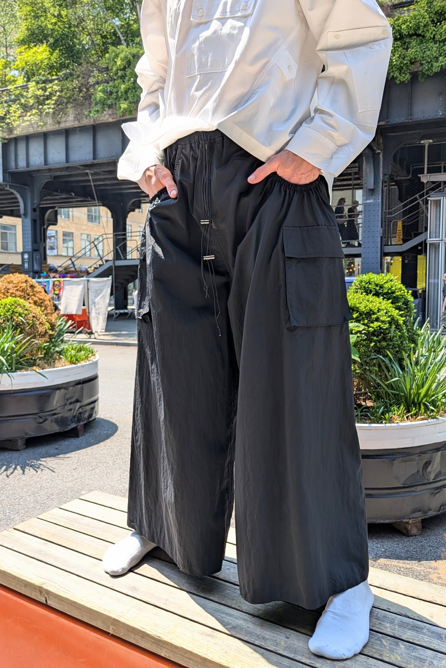 Asparagus Korea - Pants Trousers - wide leg elastic waist Nylon - Black