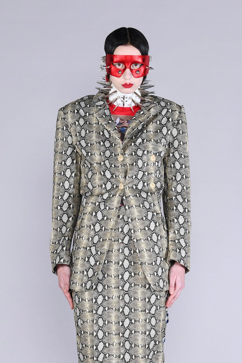 Barbara Bologna Snake Print Rimini Jacket with a back crisscross ribbon. LiLi The First boutiques Georgetown DC and Meatpacking NYC.