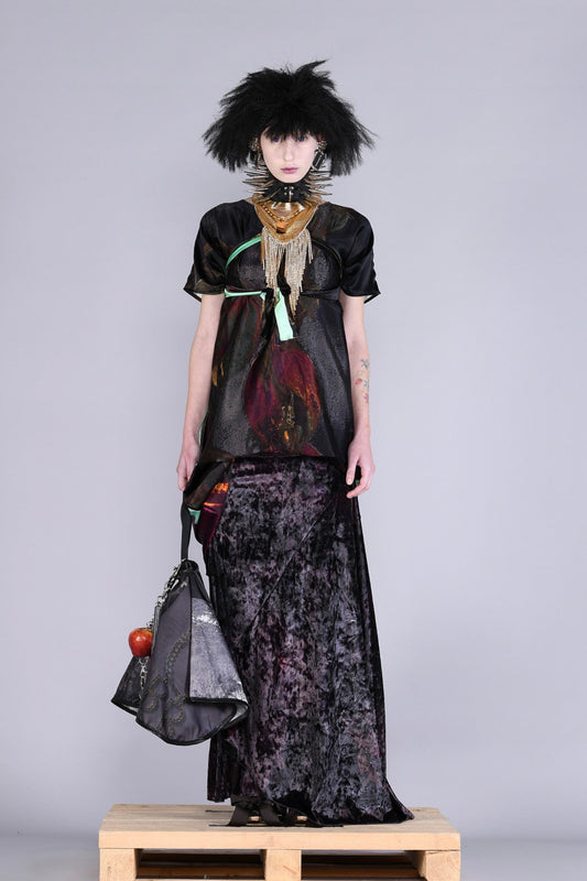 Barbara Bologna crushed velvet skirt or dress, black purple print, available at the boutiques in New-York or Washington DC, LiLi the First