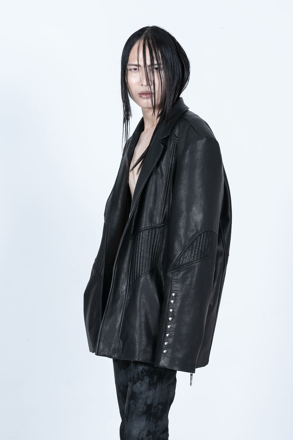 Chronos Corps oversized leather blazer, studs - black