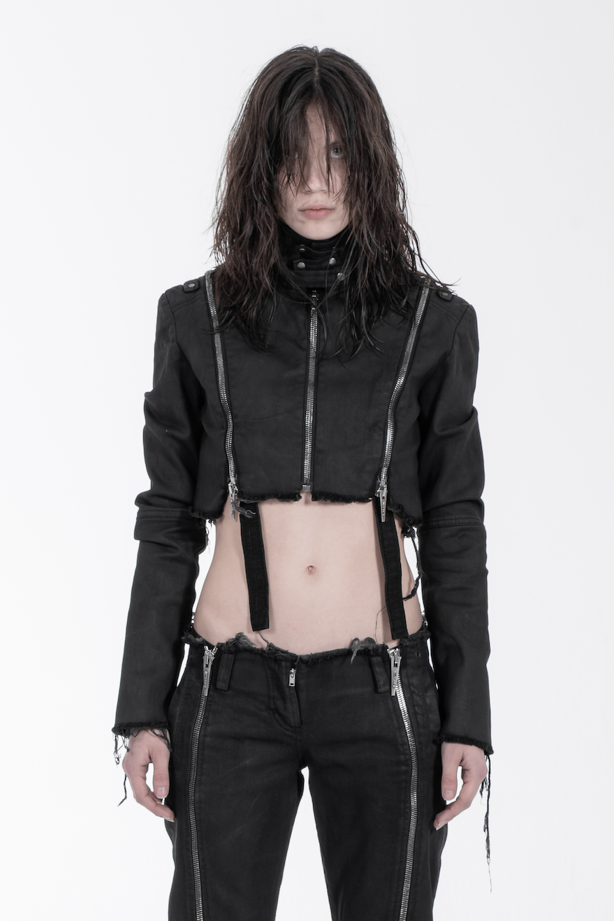 Chronos corps - Cropped denim jacket - black - zippers - distressed
