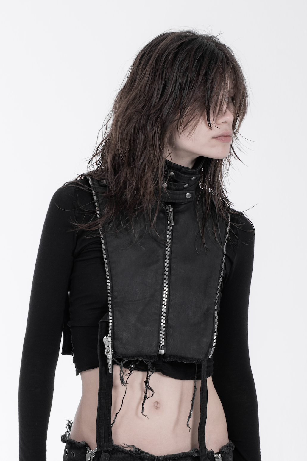 Chronos corps - Cropped denim jacket - black - zippers - distressed