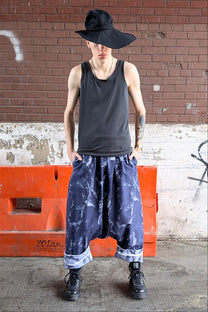 Dropped crotch cotton pants, blue denim marble print, made in USA
