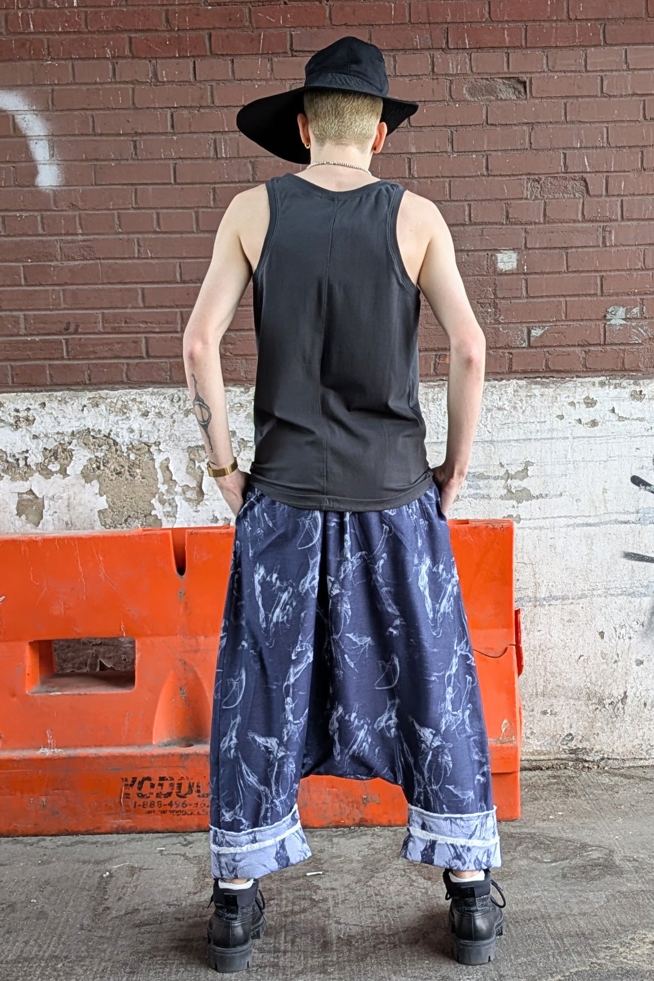 Dropped crotch cotton pants, blue denim marble print, made in USA