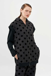 Gershon Bram Romeo Vest, black velvet polka dots. Available at LiLi The First boutique.