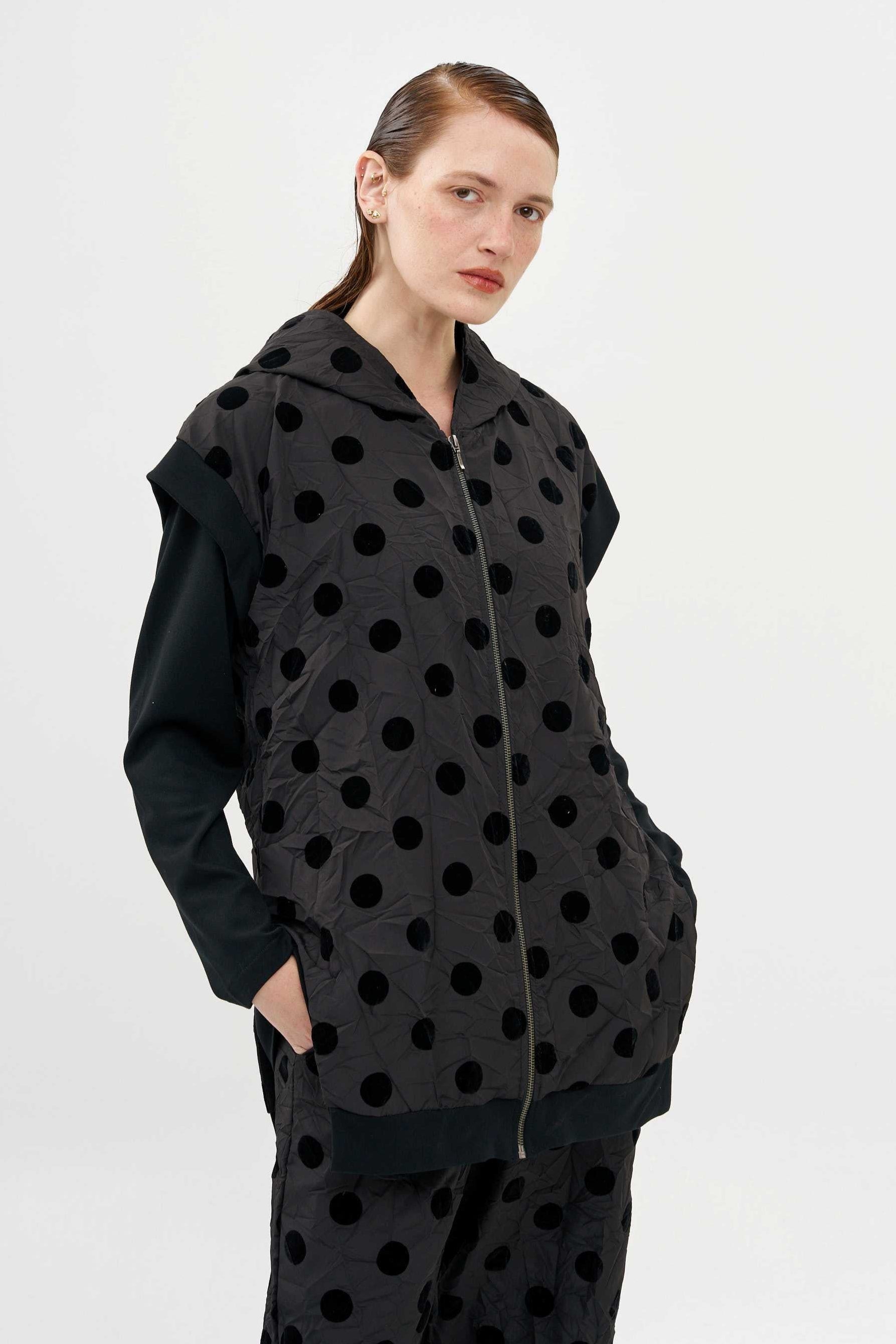 Gershon Bram Romeo Vest, black velvet polka dots. Available at LiLi The First boutique.