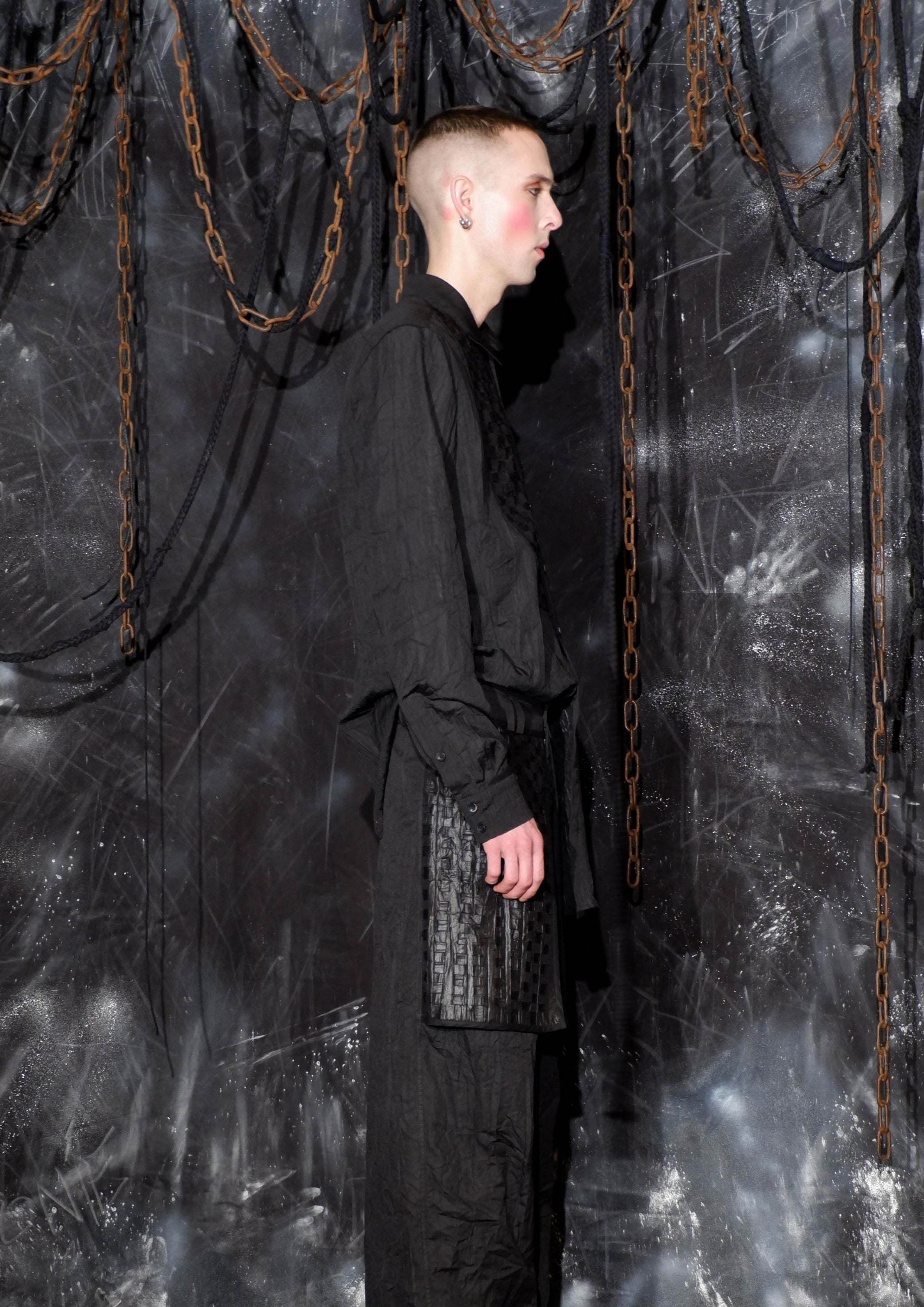 Sandrine Philippe Long-Sleeve Button- Black Pleated Bib Tuxedo Style - Textured Minimal Design