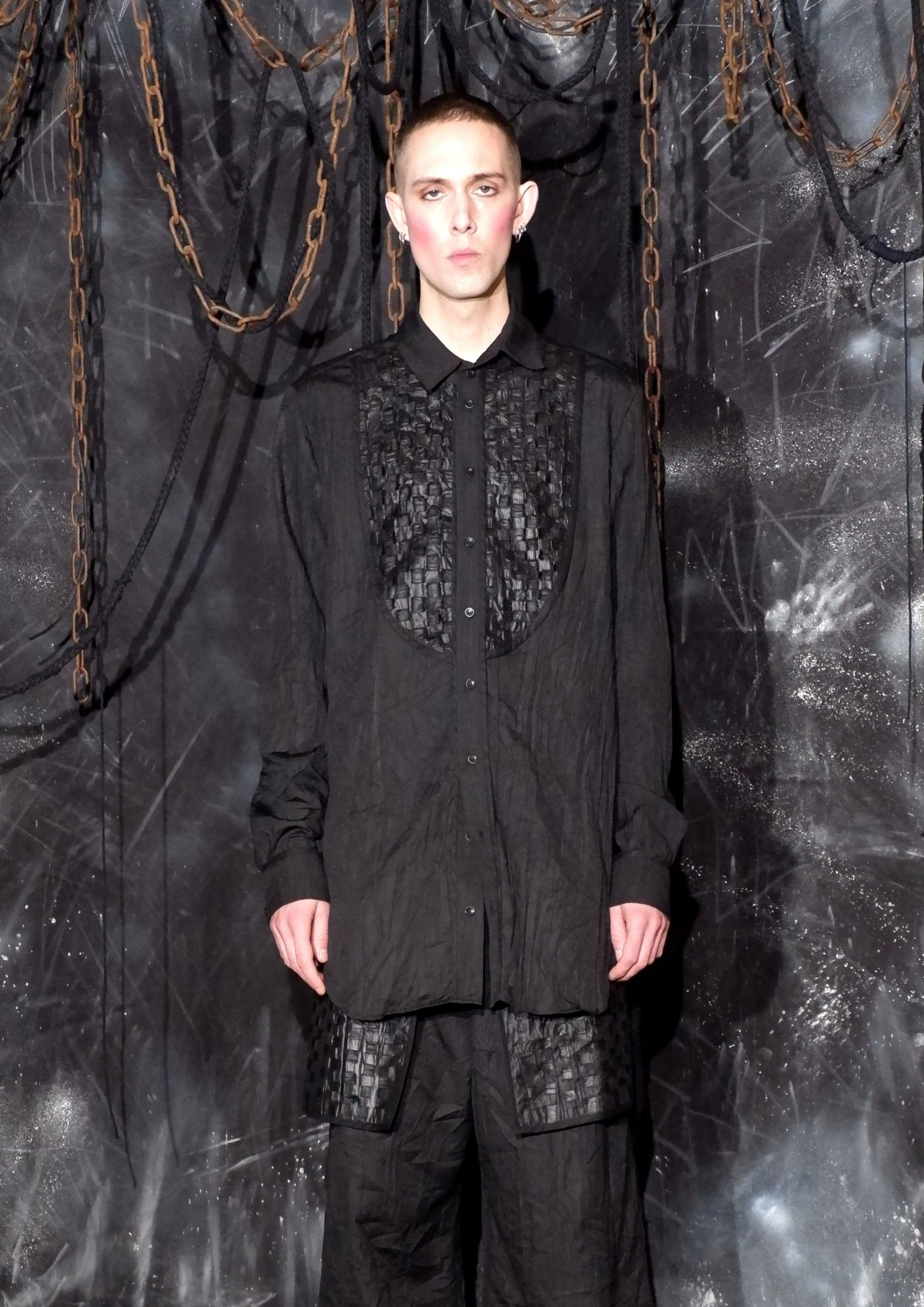 Sandrine Philippe Long-Sleeve Button- Black Pleated Bib Tuxedo Style - Textured Minimal Design