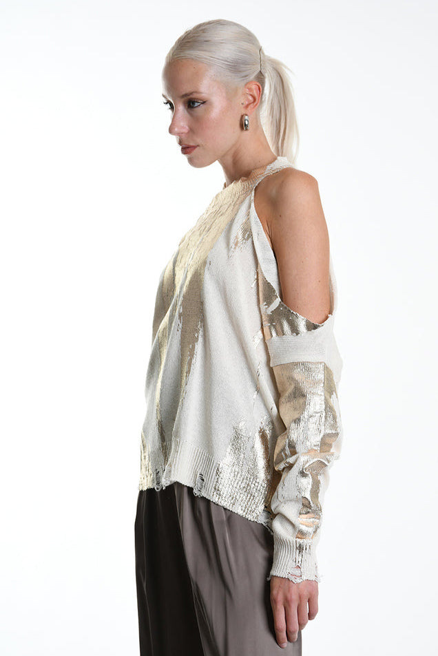 La Haine Inside Us. Cold shoulder sweater gold paint. LiLi The First boutique
