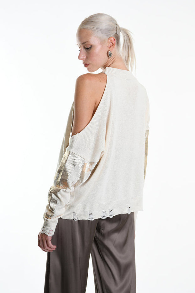 La Haine Inside Us. Cold shoulder sweater gold paint. LiLi The First boutique