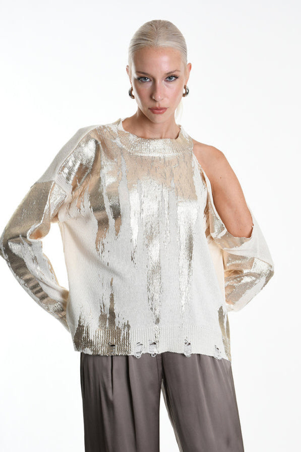 La Haine Inside Us. Cold shoulder sweater gold paint. LiLi The First boutique
