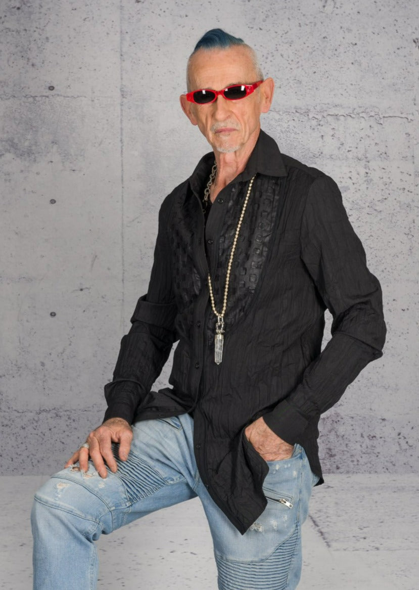 Sandrine Philippe Long-Sleeve Button- Black Pleated Bib Tuxedo Style - Textured Minimal Design