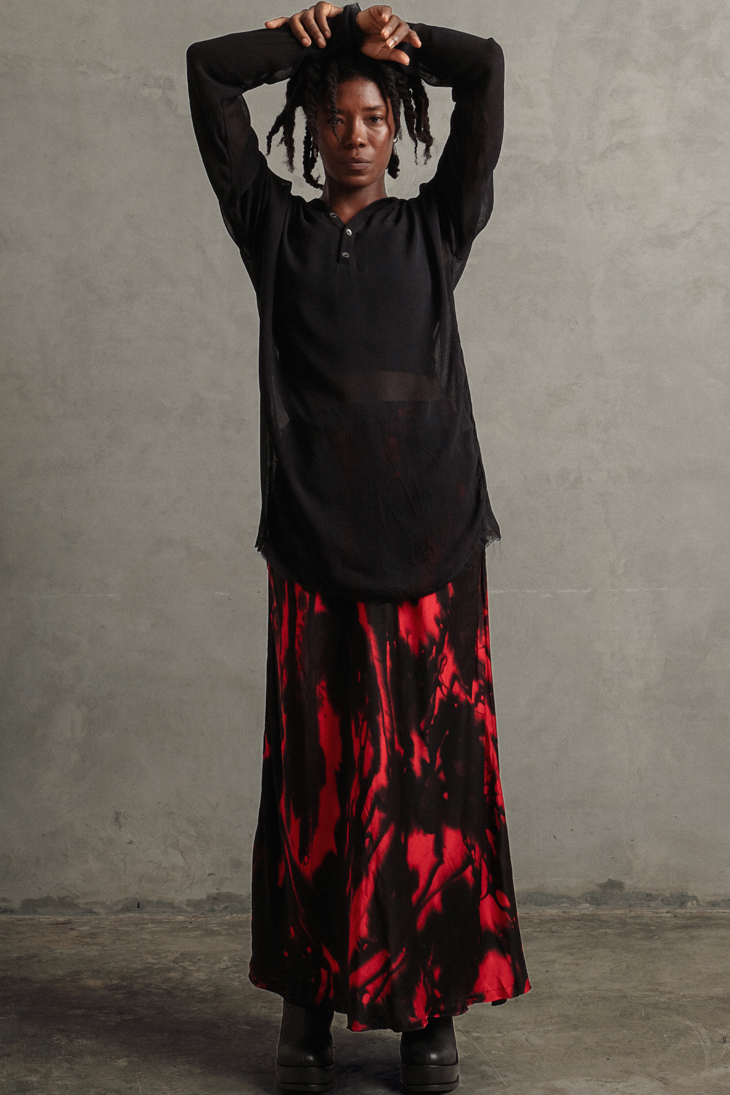 Red and black tie-dye skirt by designer Mark Baigent - Lili the First Boutique NYC