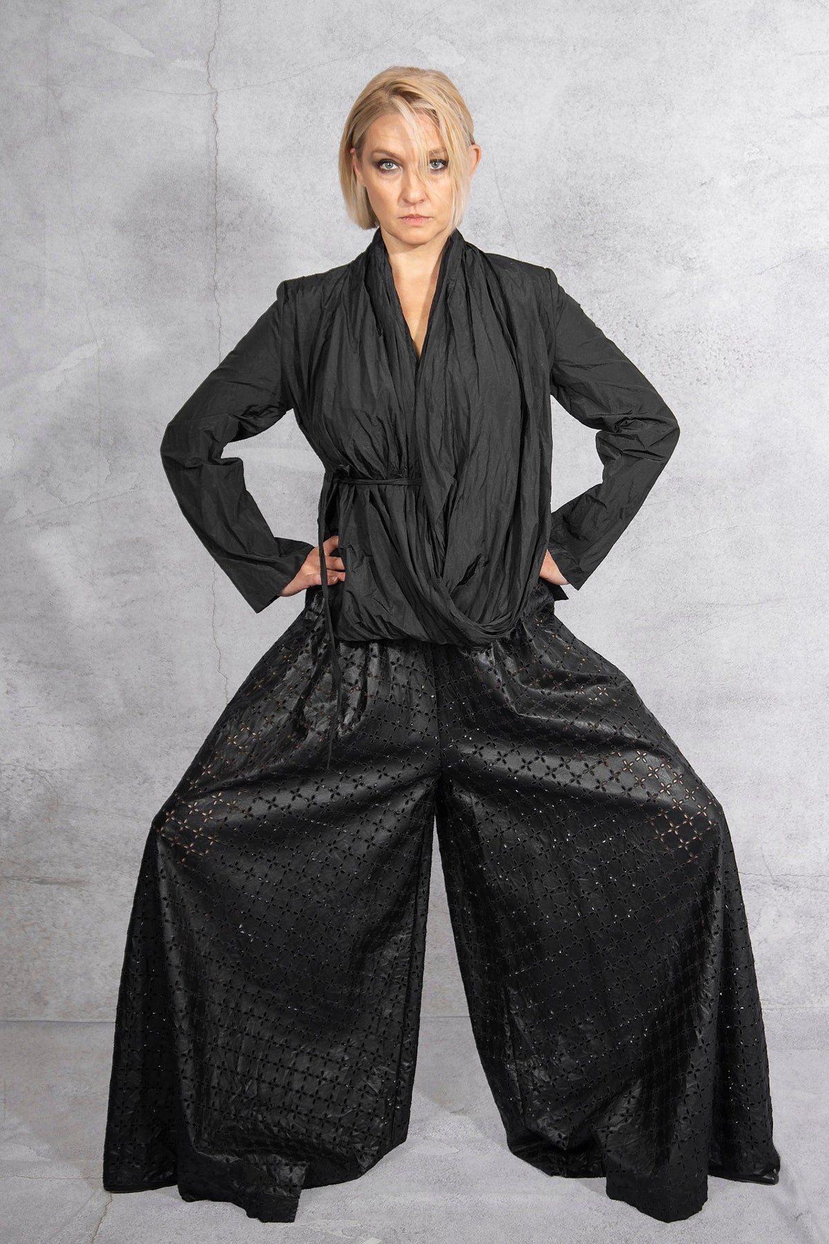 Maria Calderara - pants - wide leg - laser cut - faux leather - black