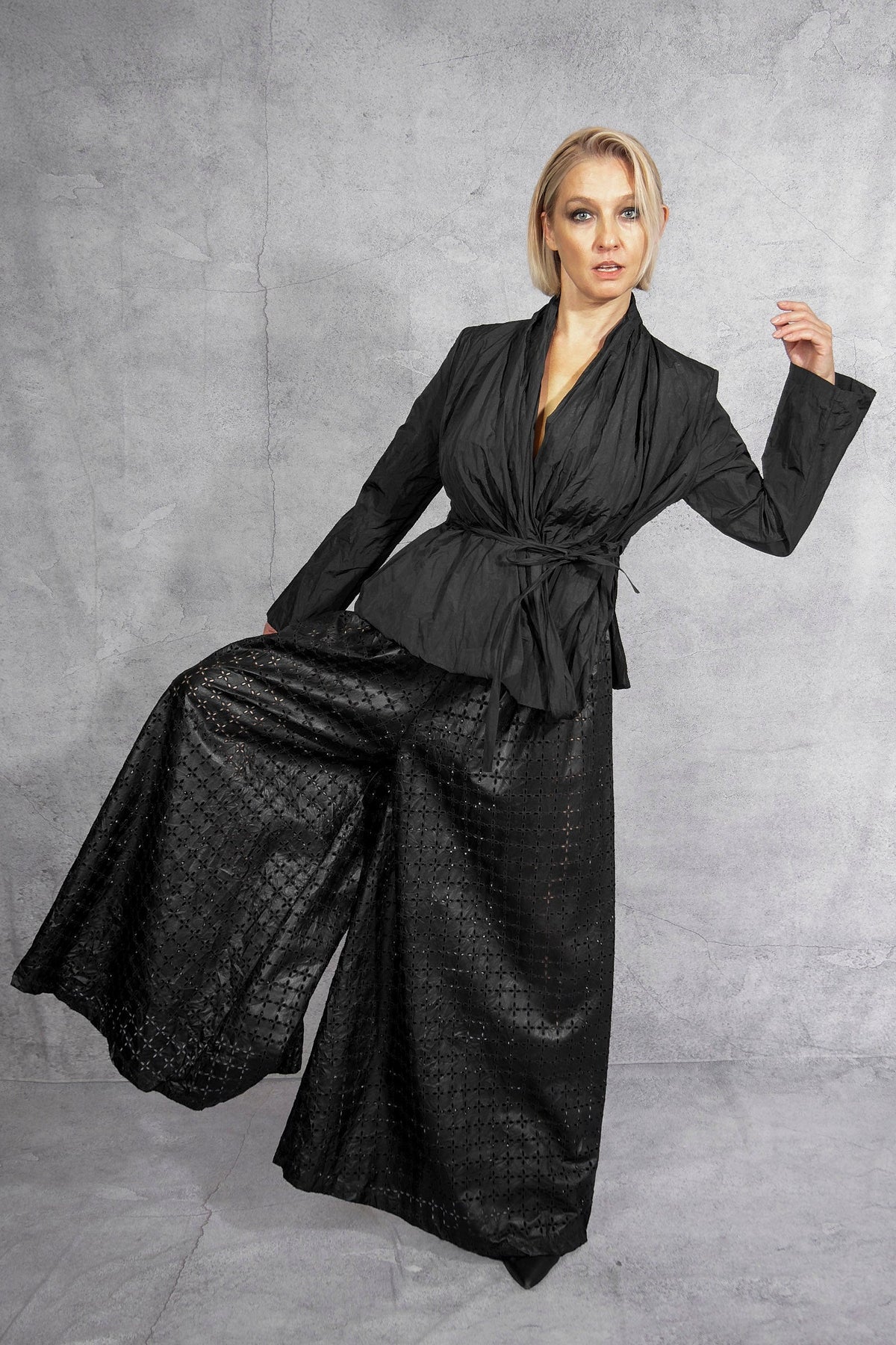 Maria Calderara - pants - wide leg - laser cut - faux leather - black