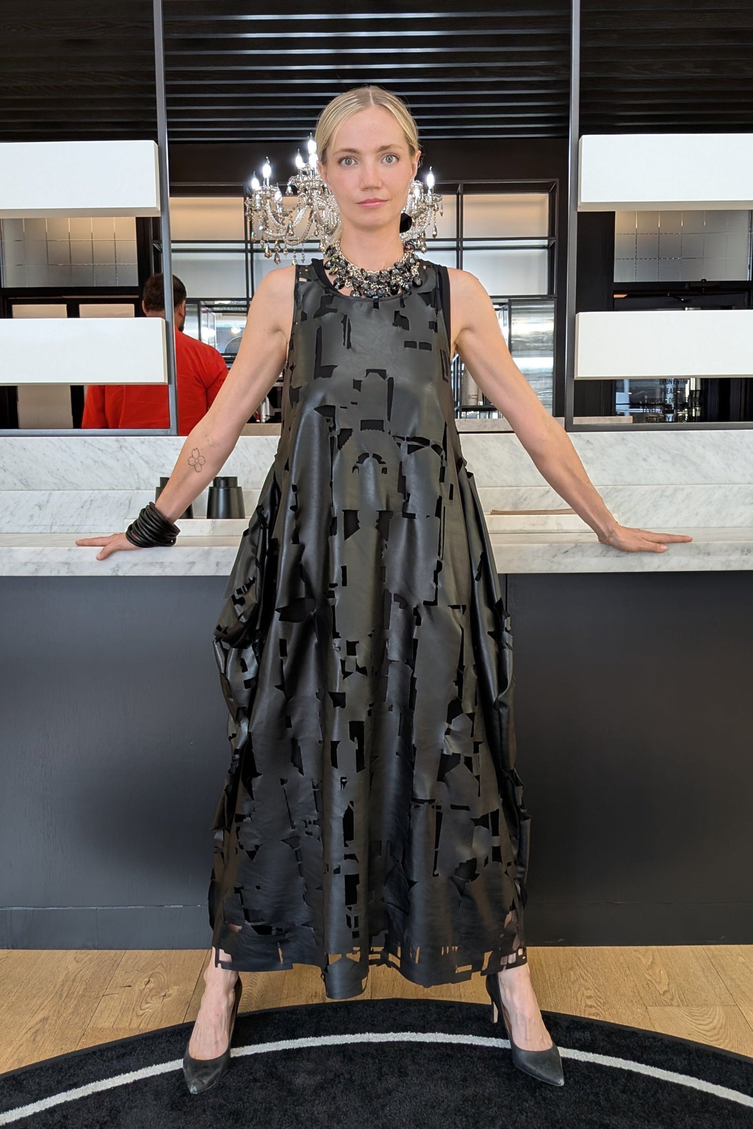 Maria Calderara dress - Faux leather laser cut design, adjustable length, Minimal Italian design