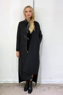 Maria Calderara Strada long slim coat, quilted nylon tubes, extra large safety pins - Sculptural Matte Finish