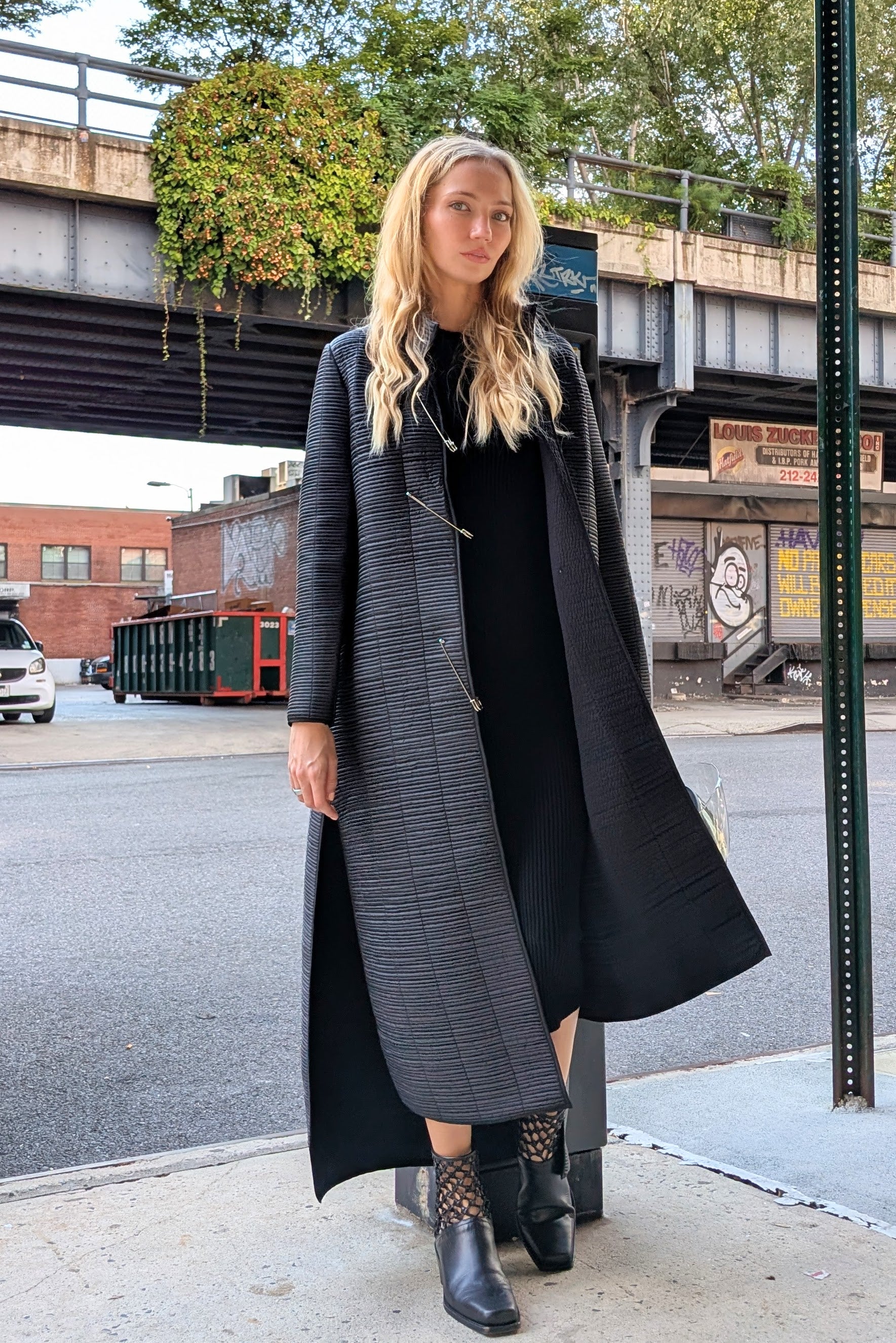 Maria Calderara Strada long slim coat, quilted nylon tubes, extra large safety pins - Sculptural Matte Finish