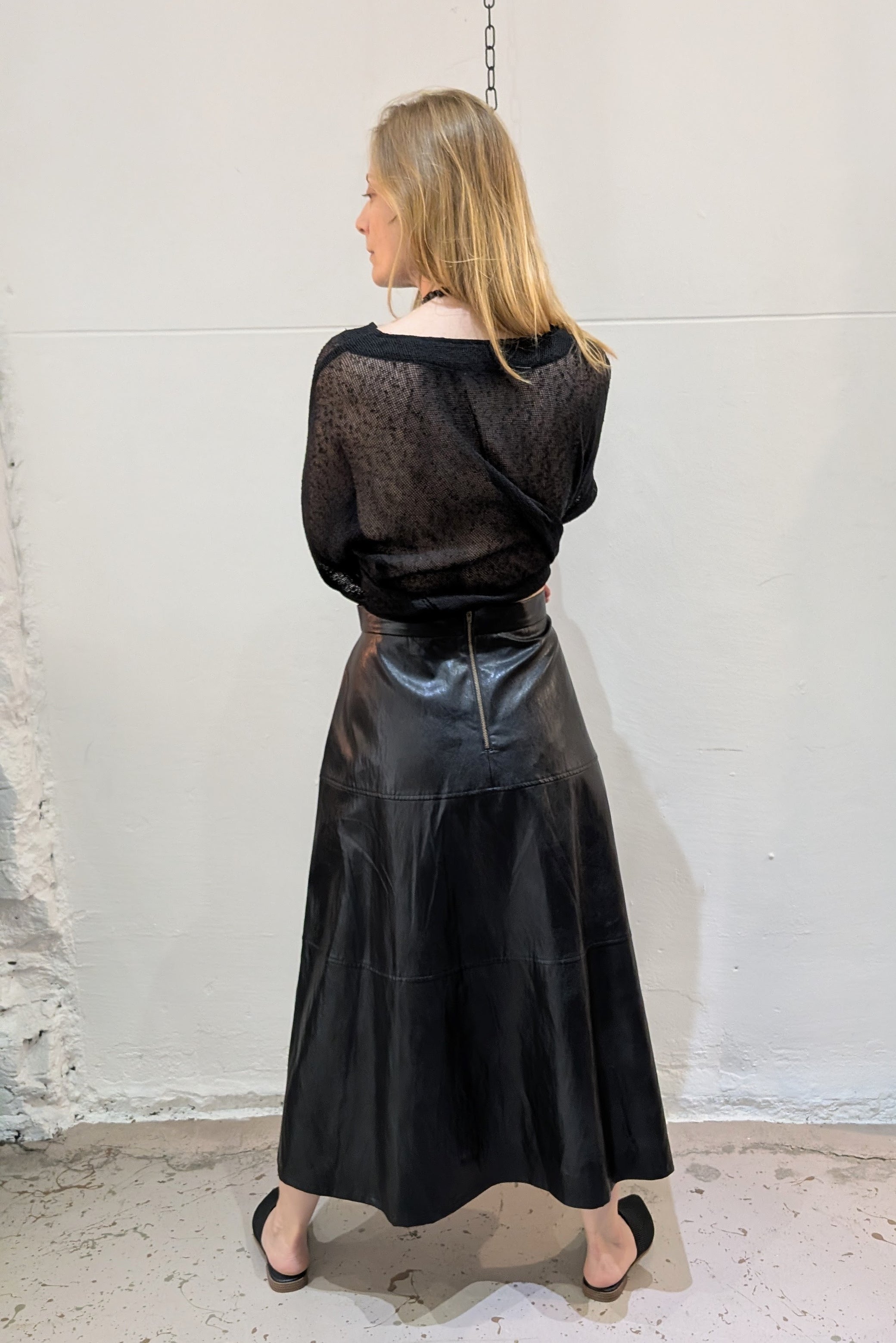 Mignon Doo Faux Leather black Midi Skirt with a back zipper. NYC - LiLi The First boutique