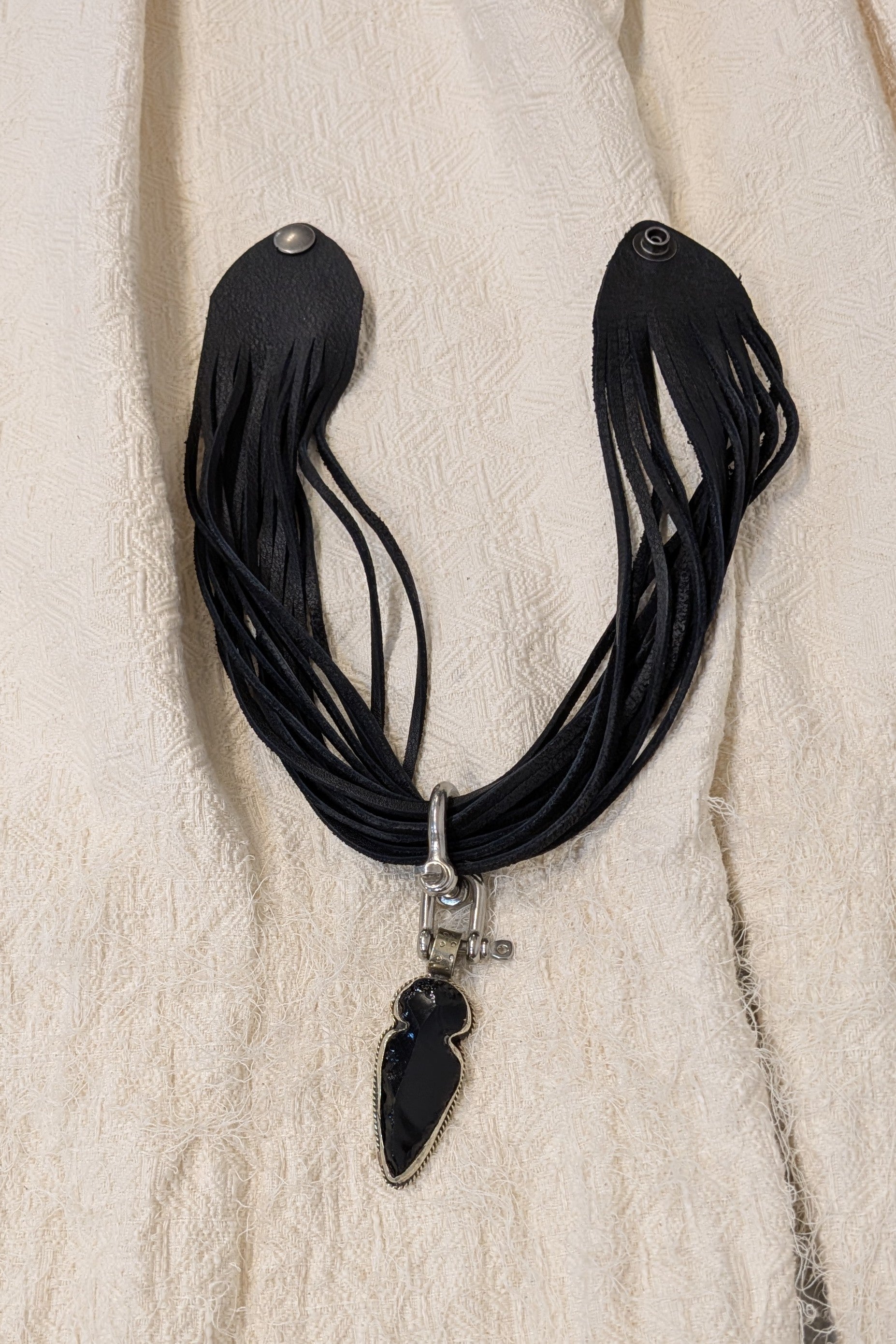 Obsidian necklace leather strands