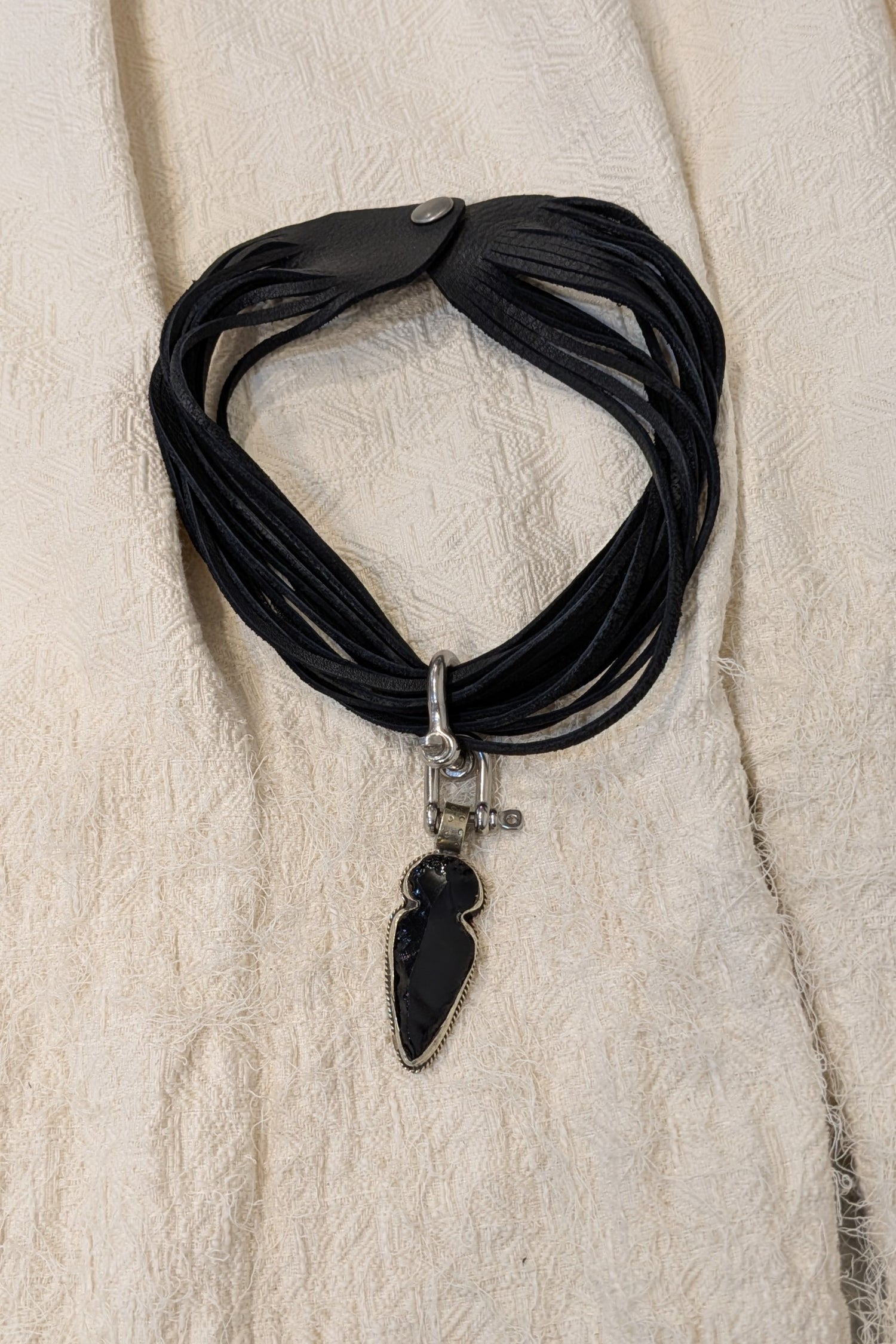 Obsidian necklace leather strands