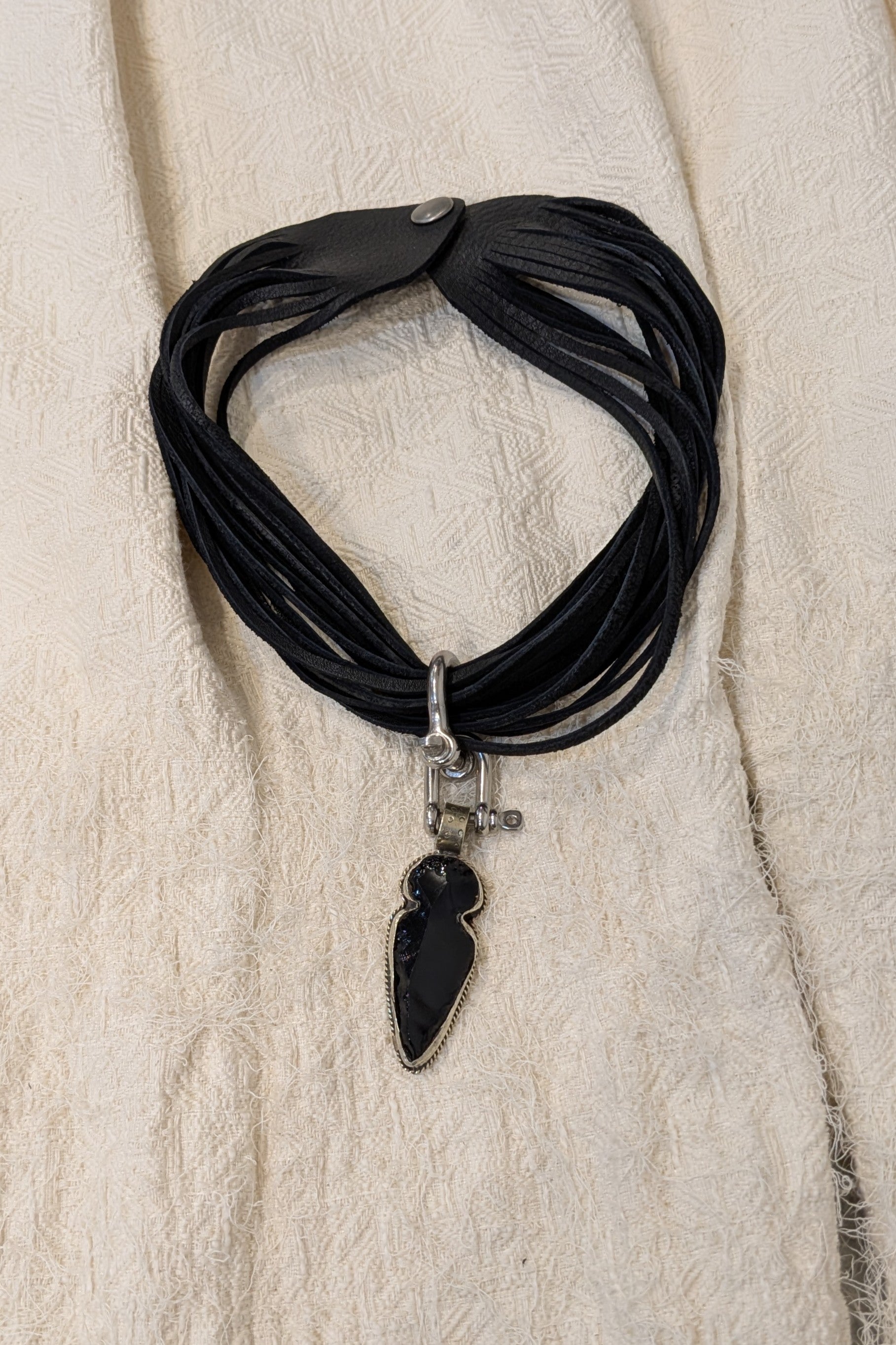 Obsidian necklace leather strands