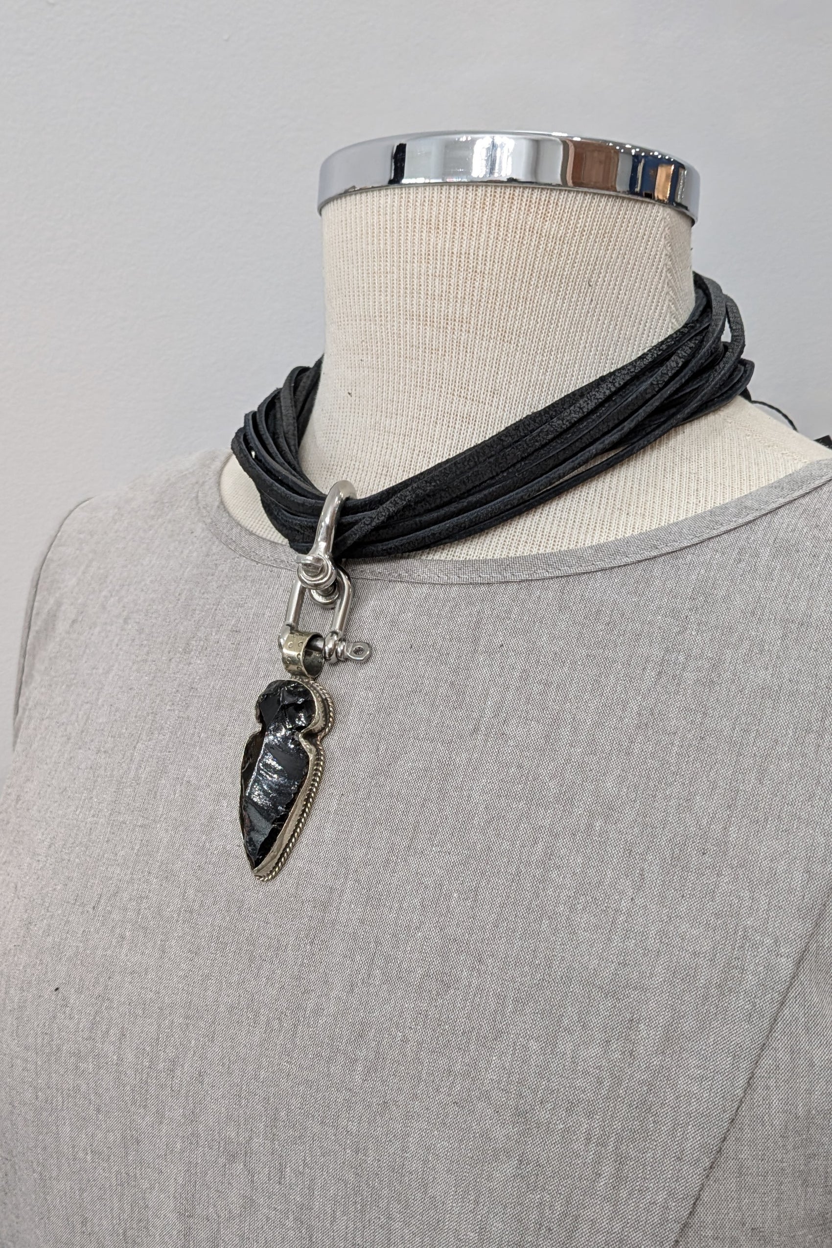 Obsidian necklace leather strands