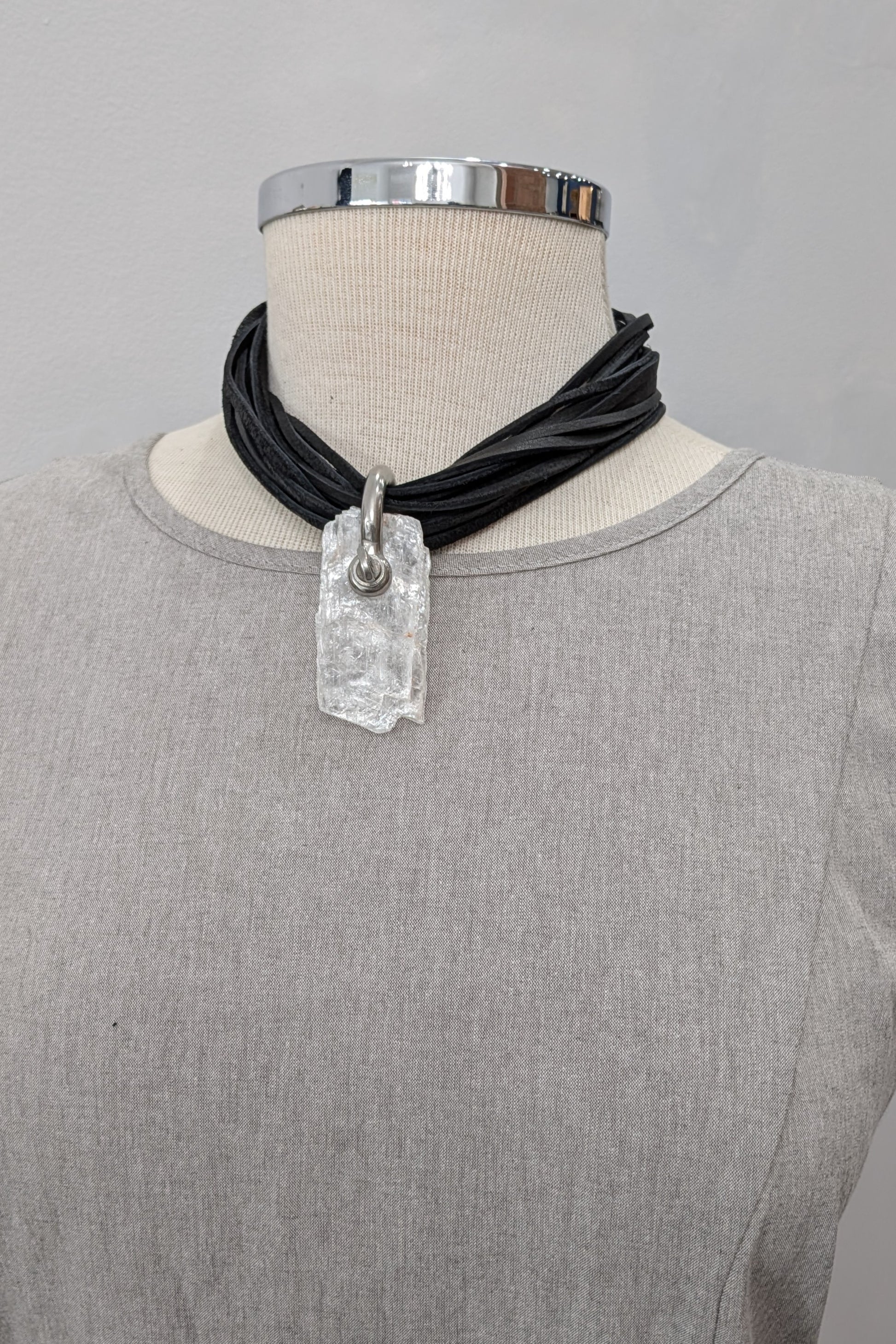 Selenite crystal necklace on leather