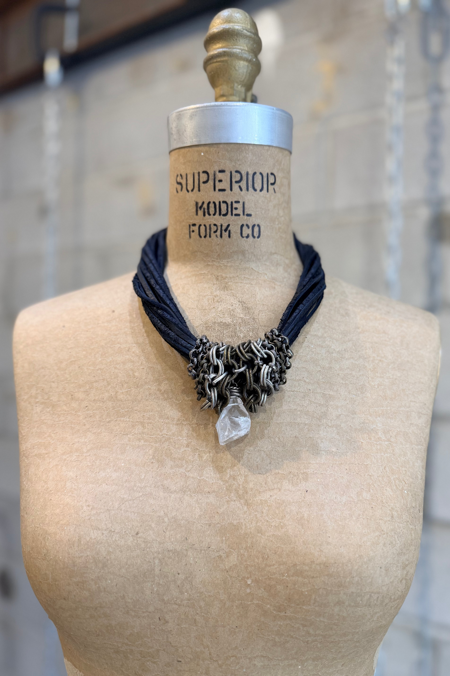 Mya Lambrecht - necklace - leather strands - crystals - chains
