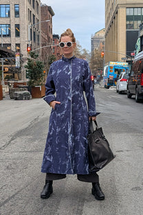 NRK Duster Trench Coat - maxi long length - Blue white Print - Cotton - Unisex
