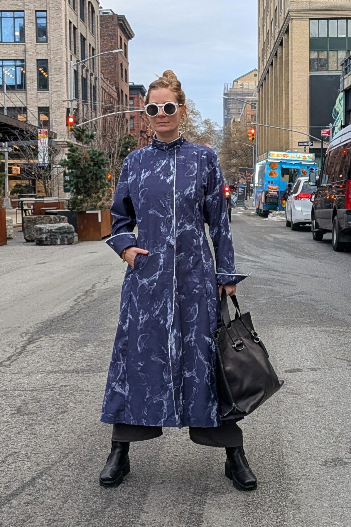 NRK Duster Trench Coat - maxi long length - Blue white Print - Cotton - Unisex