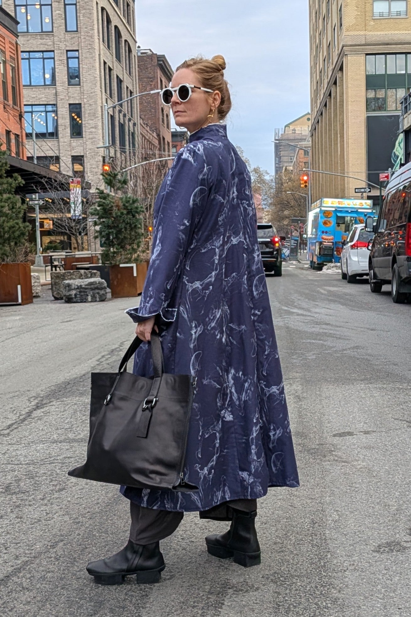 NRK Duster Trench Coat - maxi long length - Blue white Print - Cotton - Unisex
