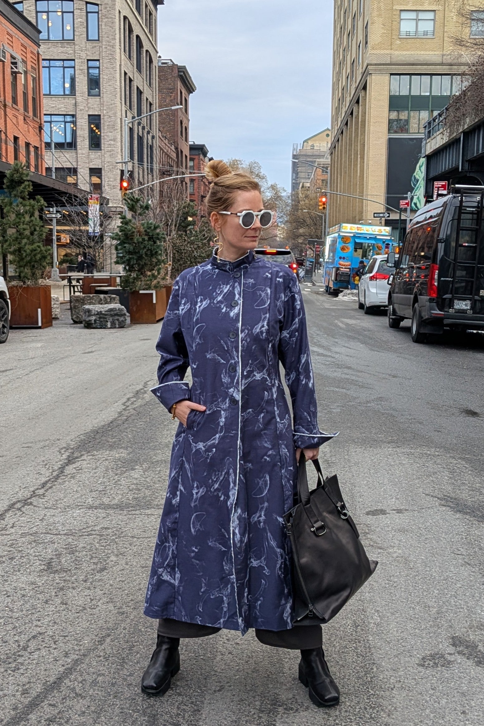 NRK Duster Trench Coat - maxi long length - Blue white Print - Cotton - Unisex