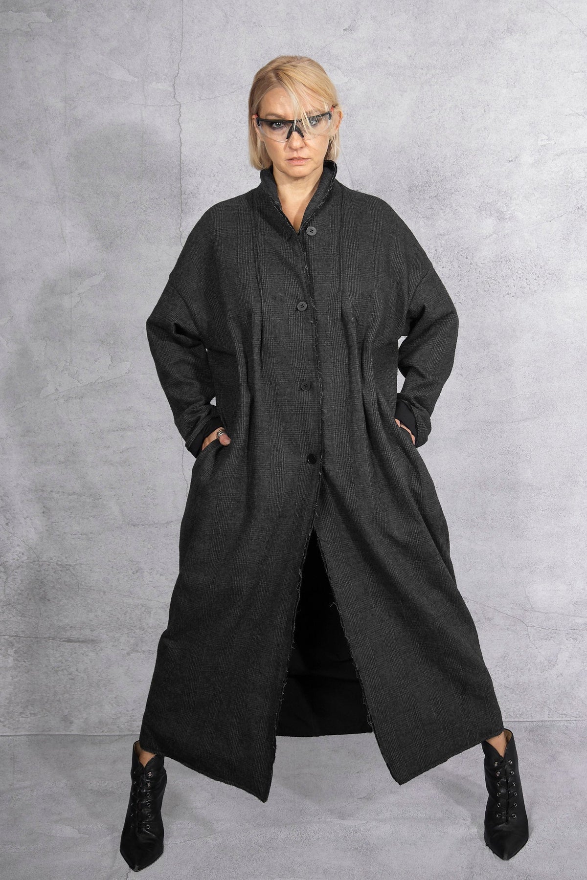 NRK Long coat - Tartan Plaid - grey - cotton wool