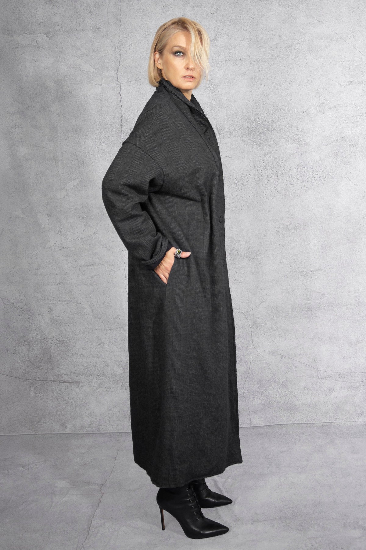 NRK Long coat - Tartan Plaid - grey - cotton wool