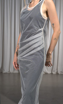 NY77 Design fitted black racerback dress with white mesh overlay - Avant-Garde design