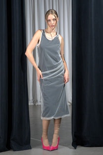 NY77 Design fitted black racerback dress with white mesh overlay - Avant-Garde design