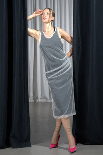 NY77 Design fitted black racerback dress with white mesh overlay - Avant-Garde design