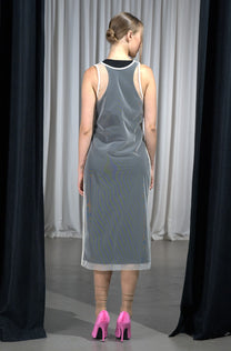 NY77 Design fitted black racerback dress with white mesh overlay - Avant-Garde design