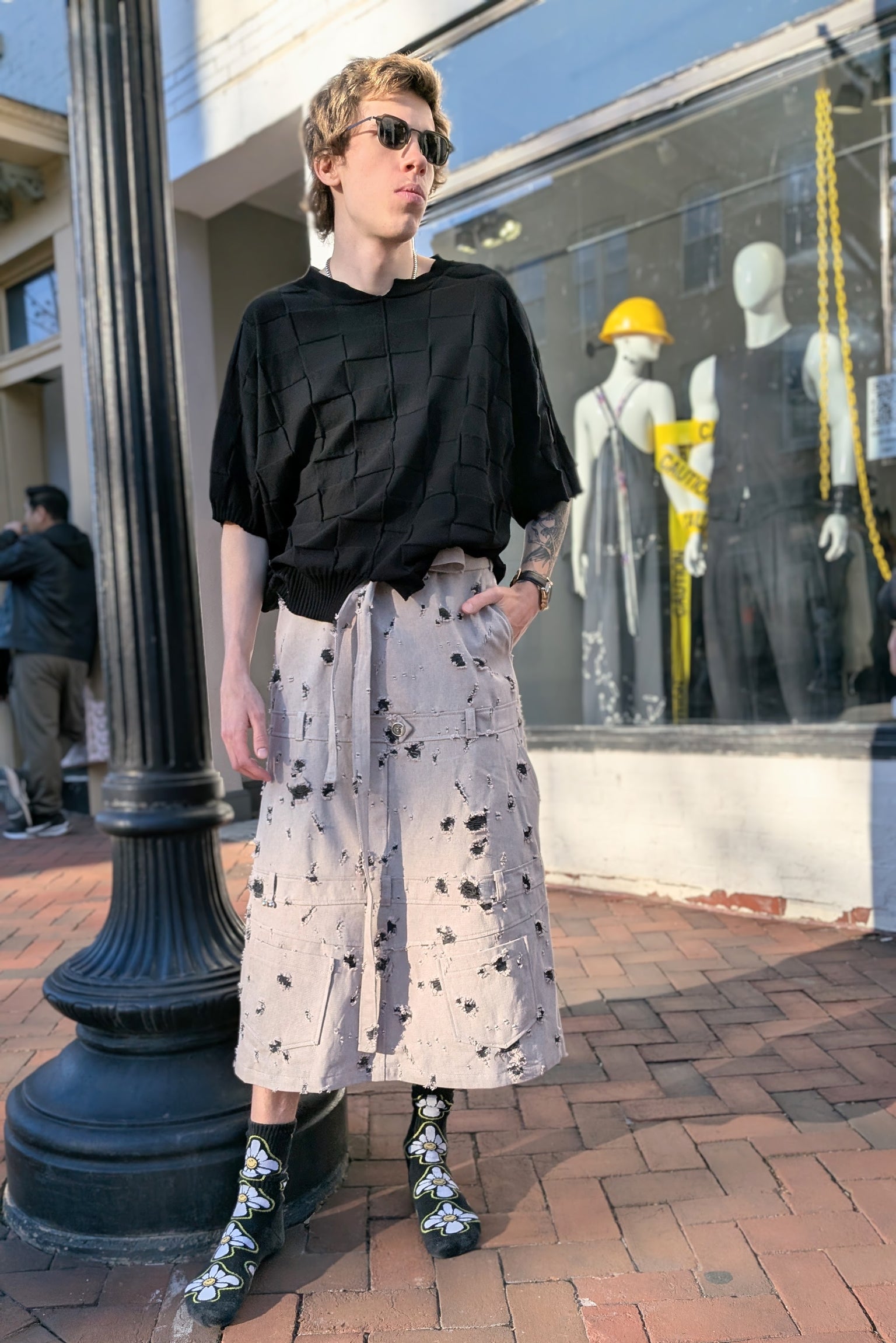 NY77 - Skirt - Denim Khaki midi - Distressed