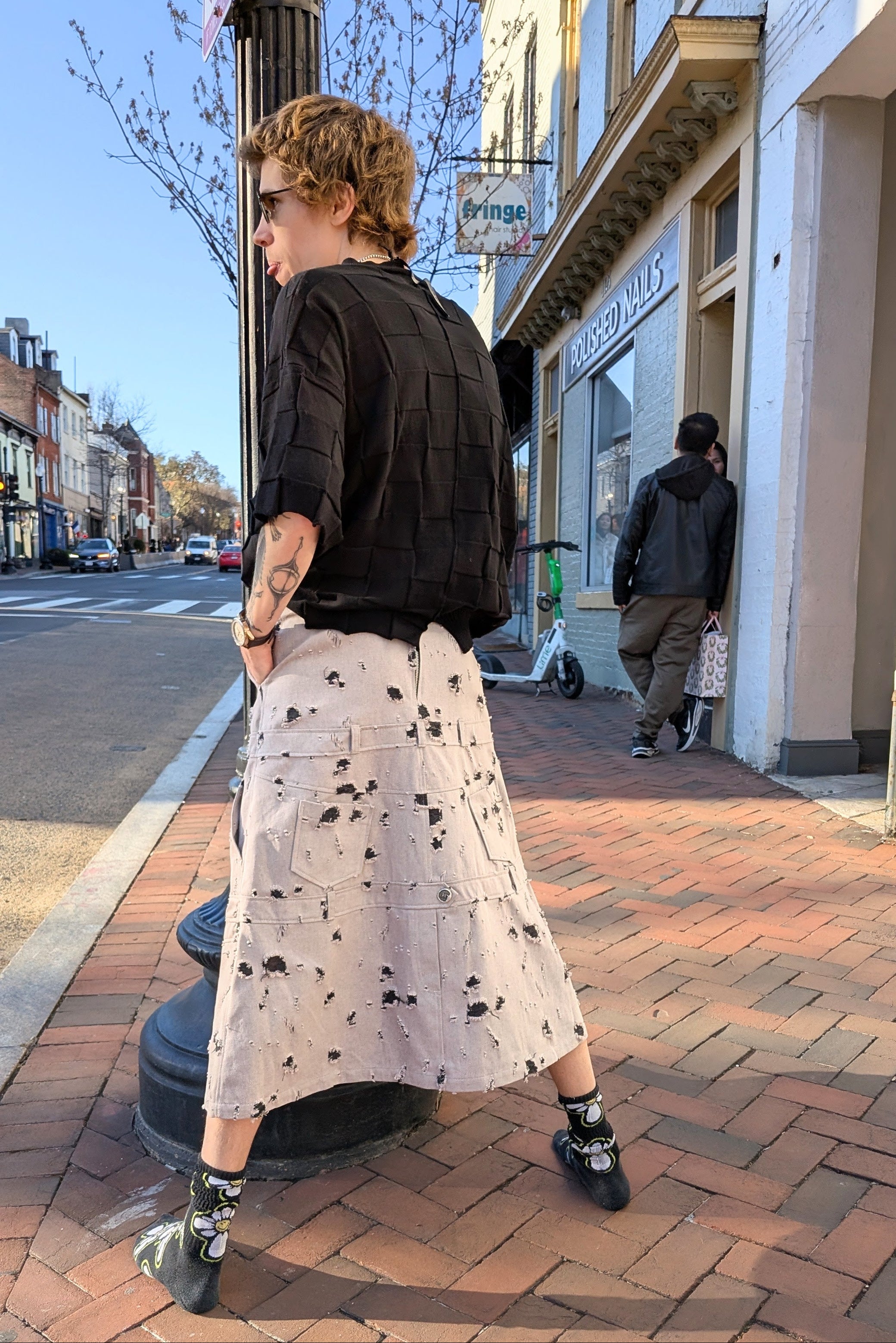 NY77 - Skirt - Denim Khaki midi - Distressed