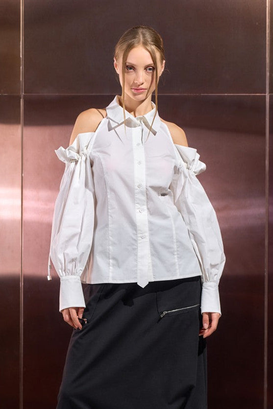 NY77 Design Cold Shoulders White Shirt - Glamorous design