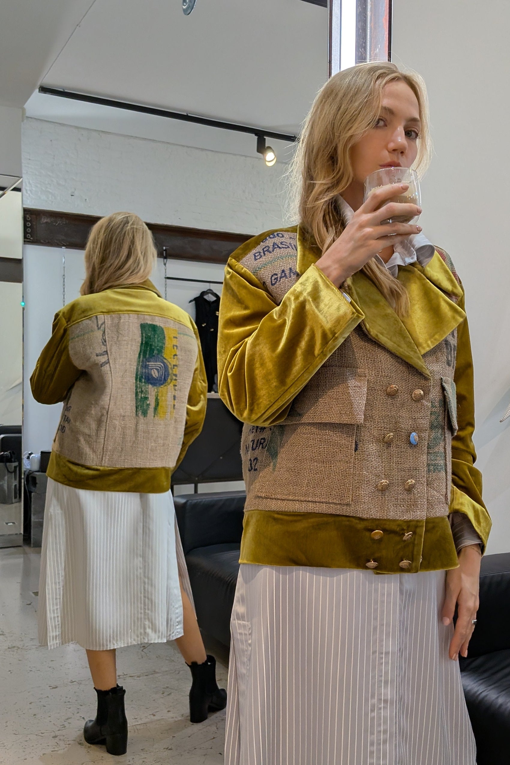 NY77 Design Coffee Jacket - Made from a chartreuse velvet and a real coffee bag.  One of a kind. LiLi The First boutique. 