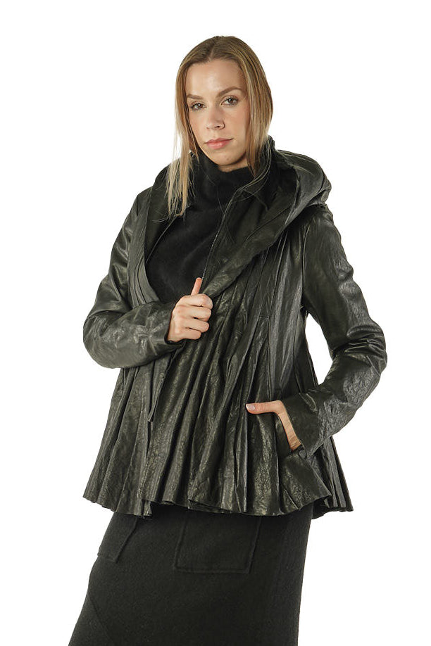 Rundholz Leather jacket hood peplum black