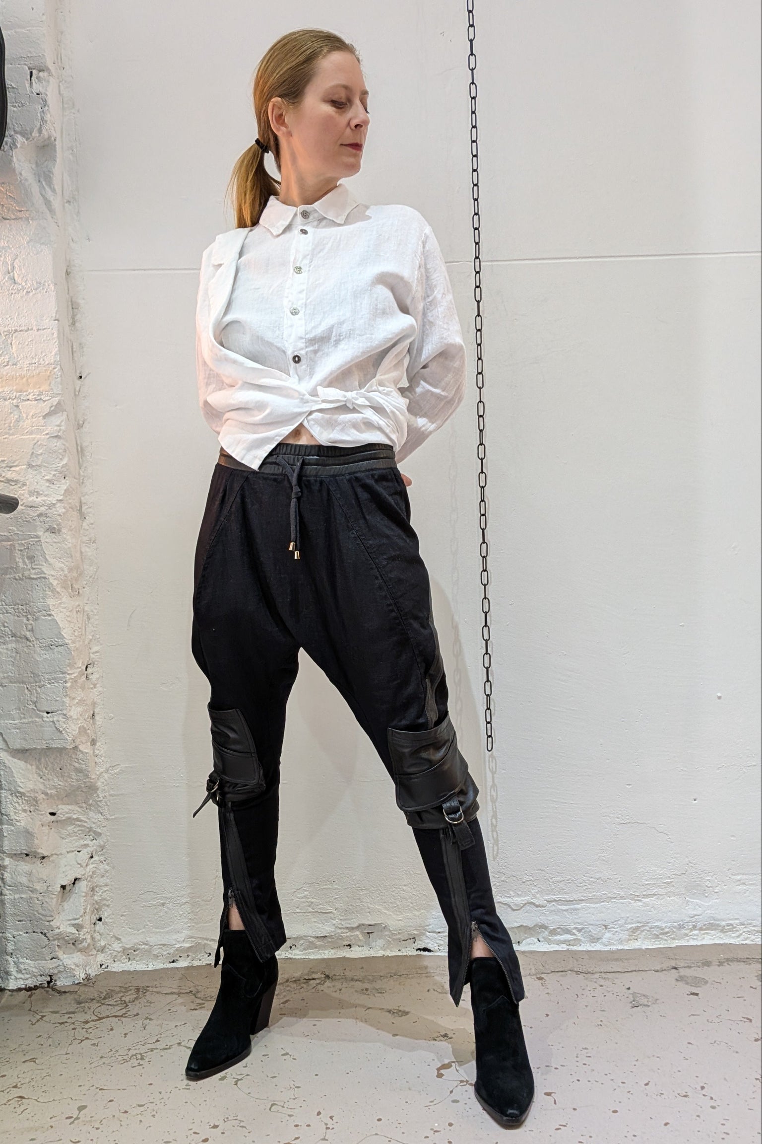 Sandrine Philipe - Pants Trousers - Dropped Crotch - Linen Leather - Unisex - Made in Paris